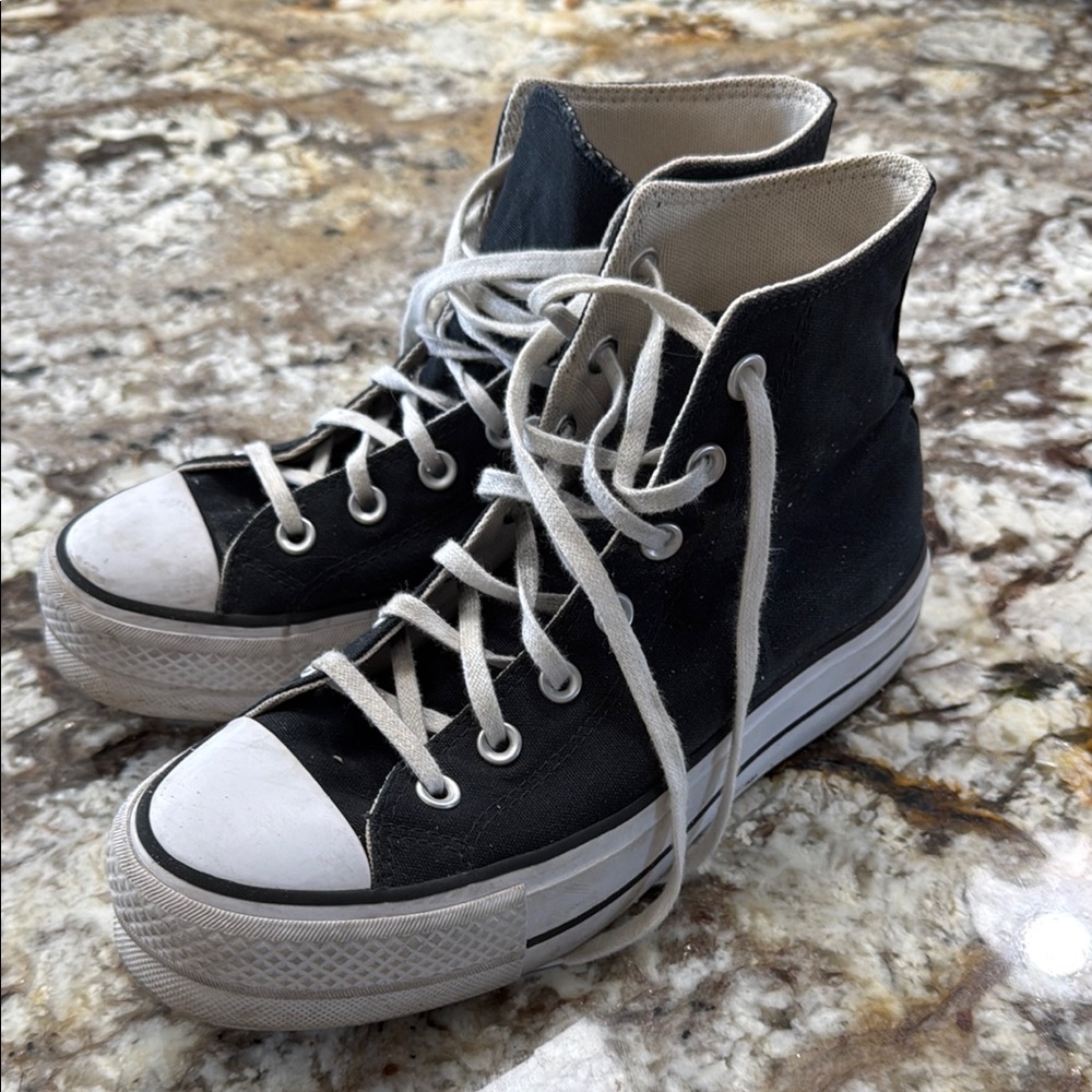 Black High-Top Converse Platform Sneakers with White Accents - Picture 4 of 5